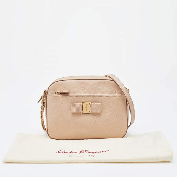 Pre Owned Salvatore Ferragamo Beige Saffiano Leather Vara Bow Shoulder Bag