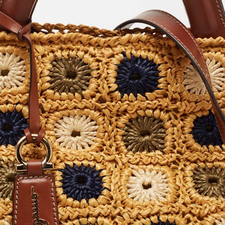 Pre Owned Salvatore Ferragamo Multicolor Crochet and Leather Tote