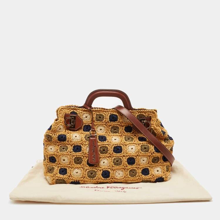Pre Owned Salvatore Ferragamo Multicolor Crochet and Leather Tote