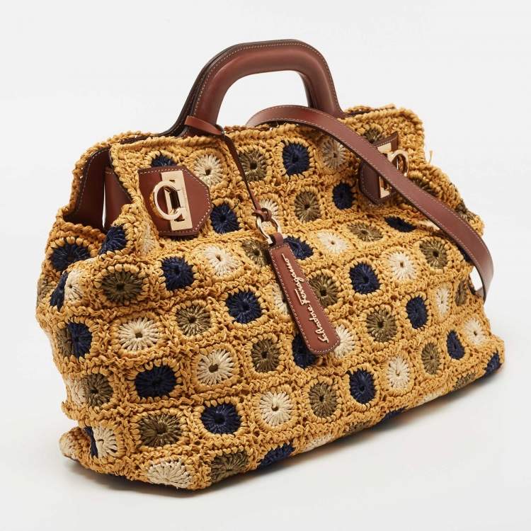 Pre Owned Salvatore Ferragamo Multicolor Crochet and Leather Tote