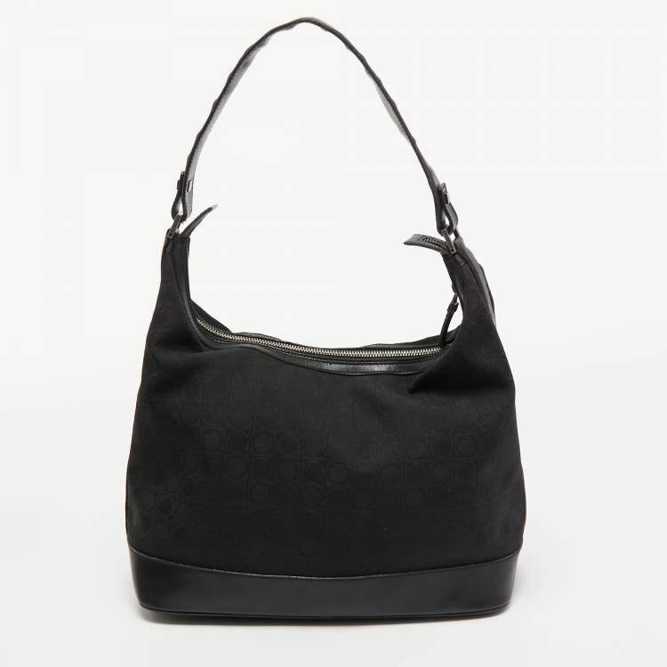 Pre Owned Salvatore Ferragamo Black Gancini Canvas and Leather Shoulder Bag