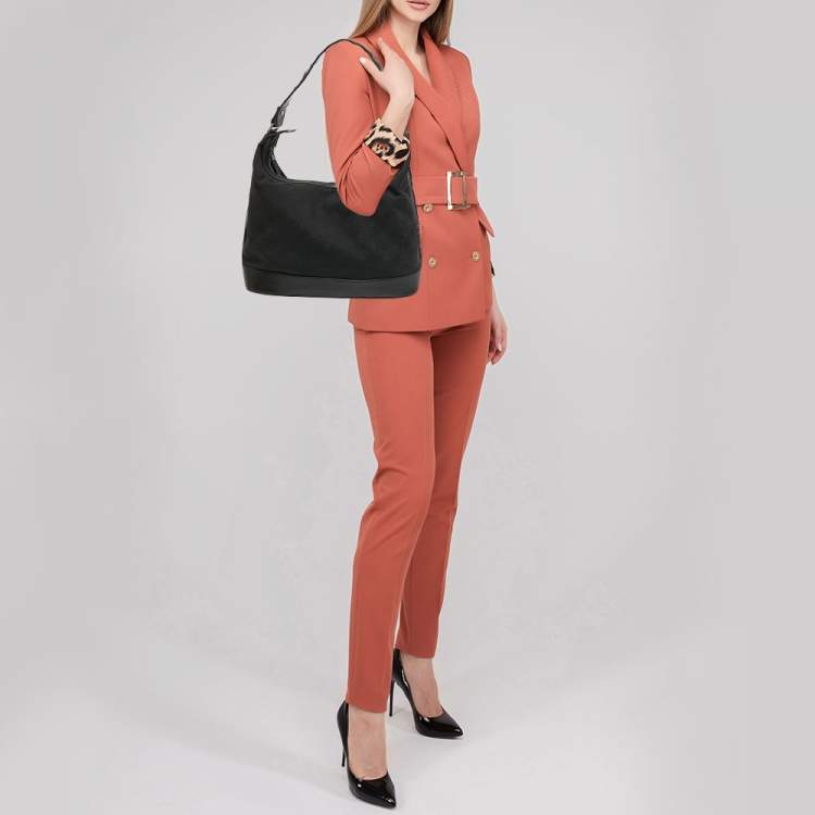 Pre Owned Salvatore Ferragamo Black Gancini Canvas and Leather Shoulder Bag