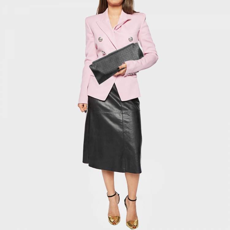 Pre Owned Salvatore Ferragamo Black Gancini Print Lurex Frame Long Clutch