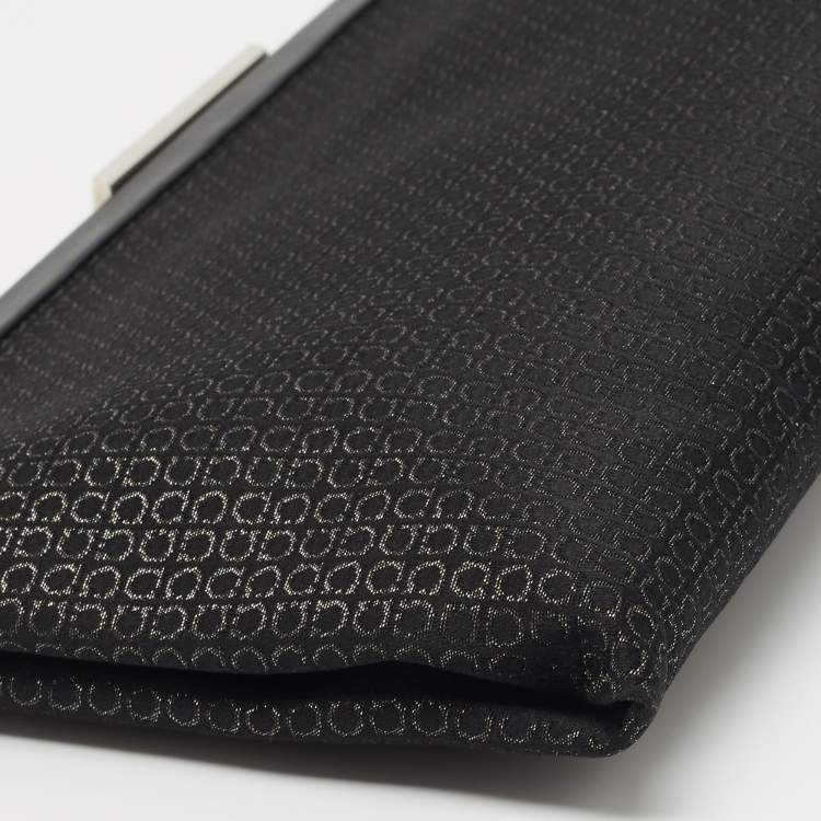 Pre Owned Salvatore Ferragamo Black Gancini Print Lurex Frame Long Clutch