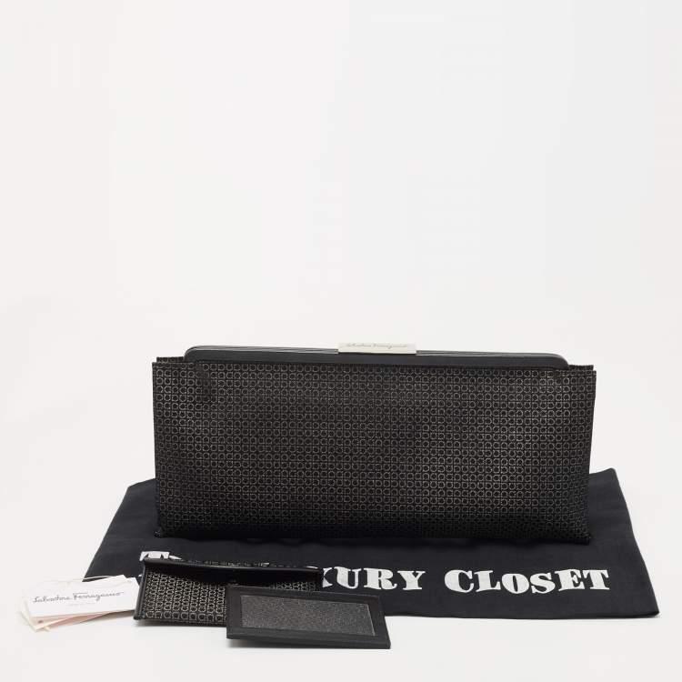 Pre Owned Salvatore Ferragamo Black Gancini Print Lurex Frame Long Clutch