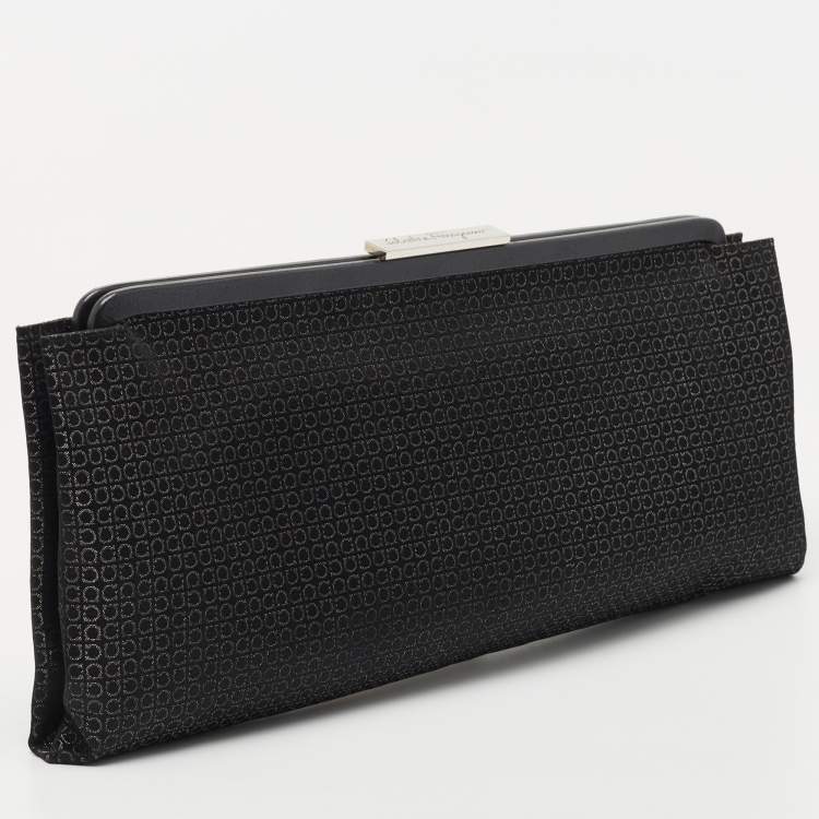 Pre Owned Salvatore Ferragamo Black Gancini Print Lurex Frame Long Clutch