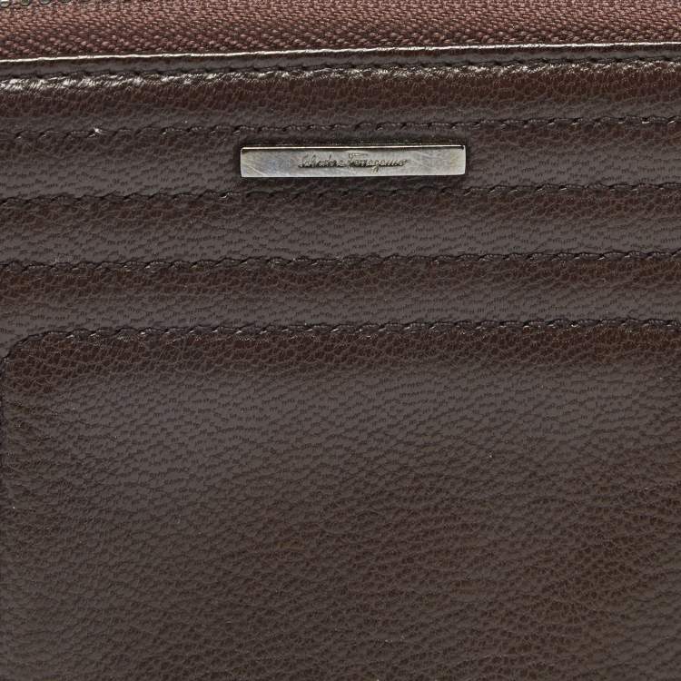 Pre Owned Salvatore Ferragamo Dark Brown Leather Zip Around Compact Wallet