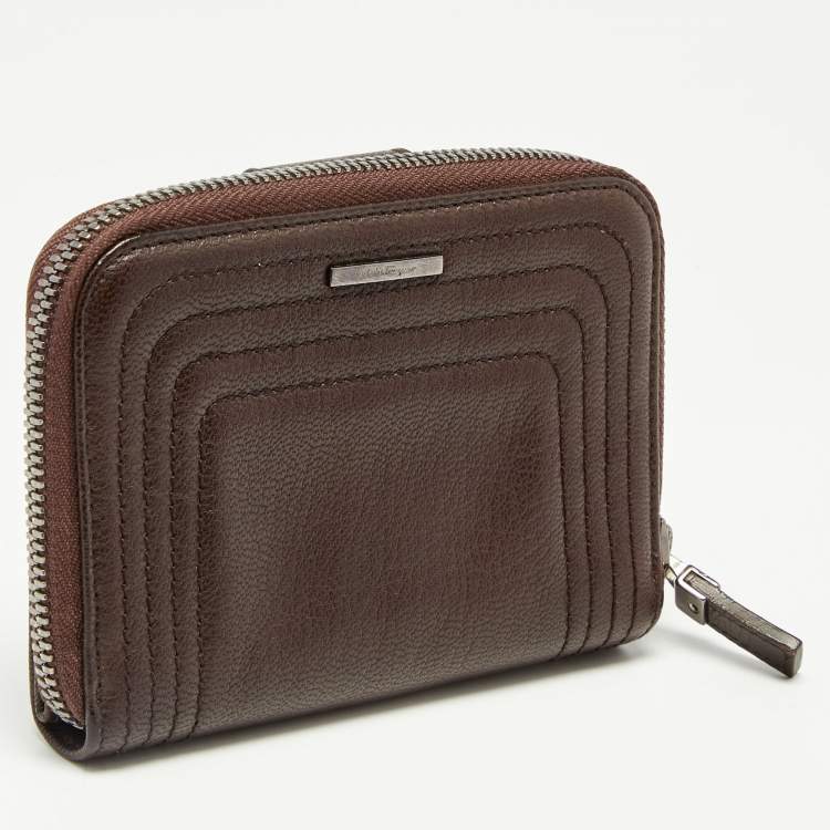 Pre Owned Salvatore Ferragamo Dark Brown Leather Zip Around Compact Wallet