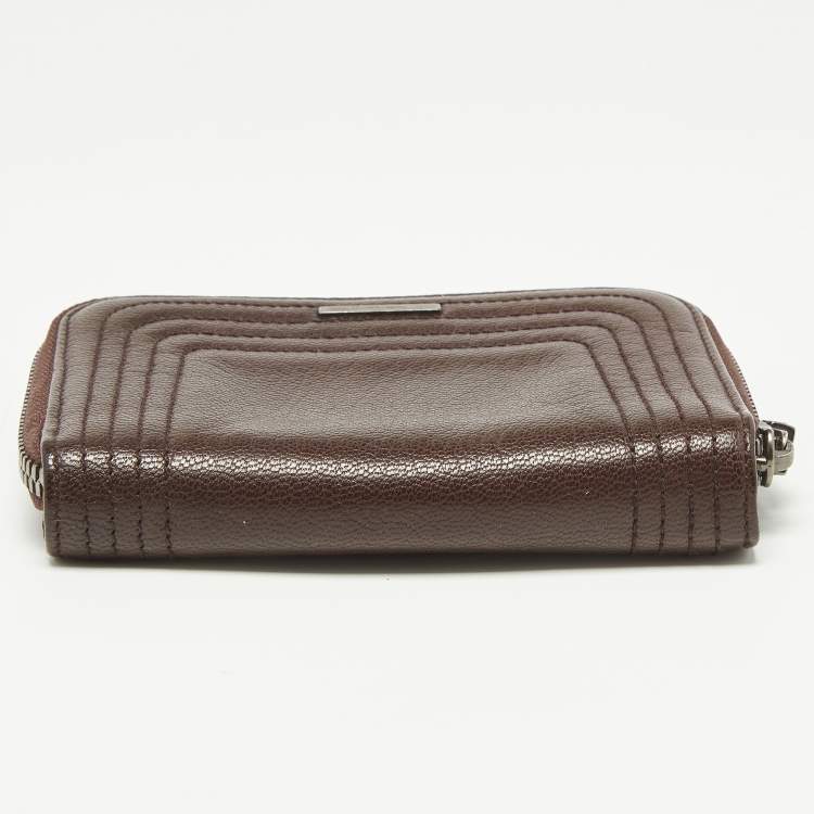 Pre Owned Salvatore Ferragamo Dark Brown Leather Zip Around Compact Wallet
