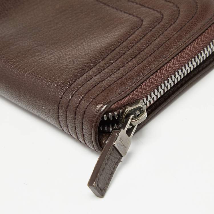 Pre Owned Salvatore Ferragamo Dark Brown Leather Zip Around Compact Wallet