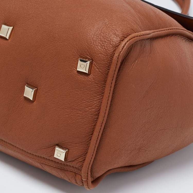 Pre Owned Salvatore Ferragamo Brown Leather and Shearling The Studio Top Handle Bag