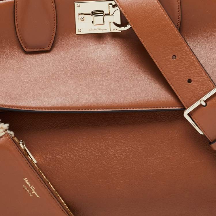 Pre Owned Salvatore Ferragamo Brown Leather and Shearling The Studio Top Handle Bag