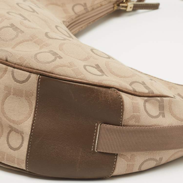 Pre Owned Salvatore Ferragamo Beige/Brown Gancini Print Canvas and Leather Hobo