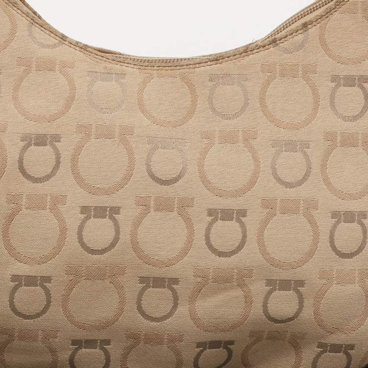 Pre Owned Salvatore Ferragamo Beige/Brown Gancini Print Canvas and Leather Hobo