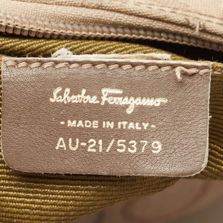 Pre Owned Salvatore Ferragamo Beige/Brown Gancini Print Canvas and Leather Hobo