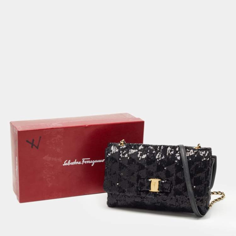 Pre Owned Salvatore Ferragamo Black Sequin and Leather Vara Bow Shoulder Bag