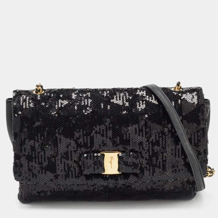 Pre Owned Salvatore Ferragamo Black Sequin and Leather Vara Bow Shoulder Bag