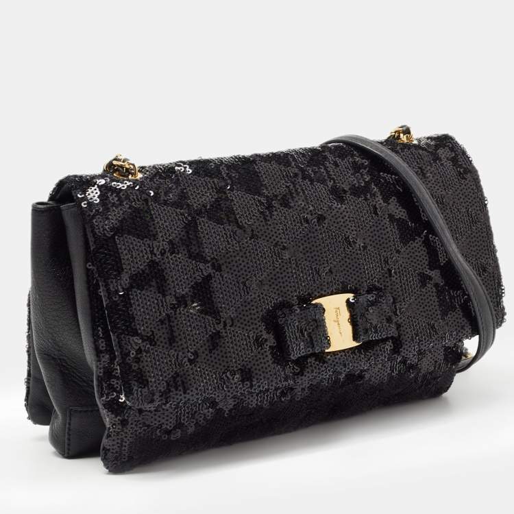 Pre Owned Salvatore Ferragamo Black Sequin and Leather Vara Bow Shoulder Bag