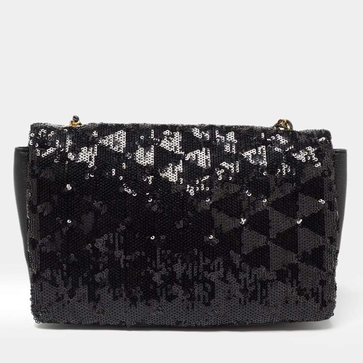 Pre Owned Salvatore Ferragamo Black Sequin and Leather Vara Bow Shoulder Bag