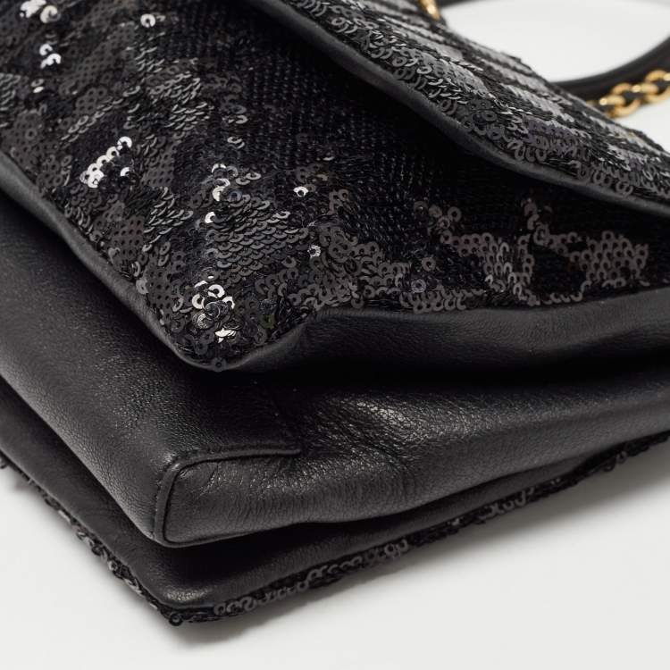 Pre Owned Salvatore Ferragamo Black Sequin and Leather Vara Bow Shoulder Bag