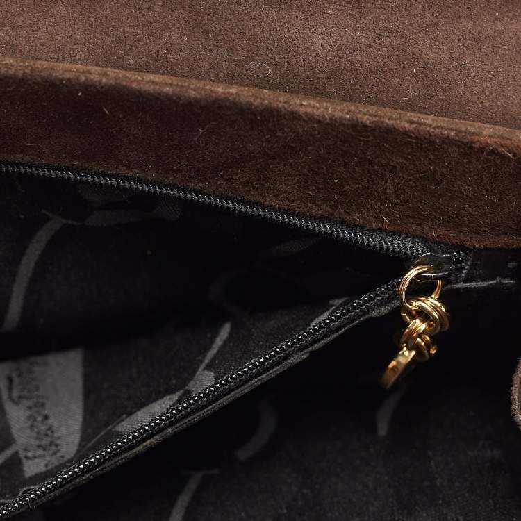 Pre Owned Salvatore Ferragamo Dark Brown Suede Gancini Satchel