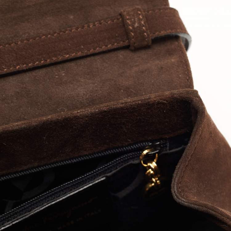 Pre Owned Salvatore Ferragamo Dark Brown Suede Gancini Satchel