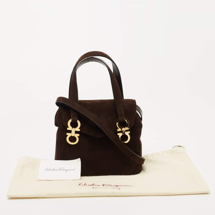 Pre Owned Salvatore Ferragamo Dark Brown Suede Gancini Satchel
