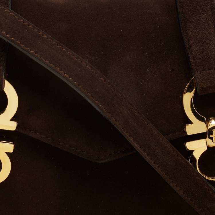 Pre Owned Salvatore Ferragamo Dark Brown Suede Gancini Satchel
