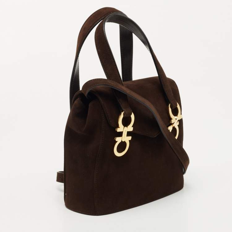 Pre Owned Salvatore Ferragamo Dark Brown Suede Gancini Satchel