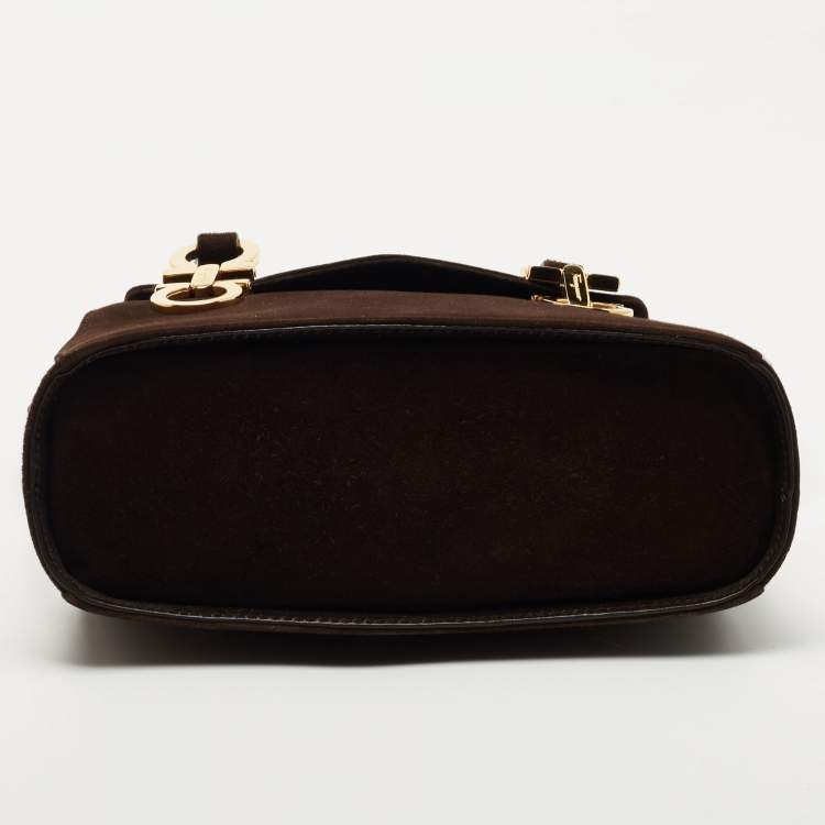 Pre Owned Salvatore Ferragamo Dark Brown Suede Gancini Satchel
