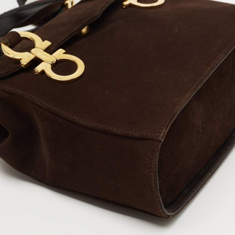 Pre Owned Salvatore Ferragamo Dark Brown Suede Gancini Satchel