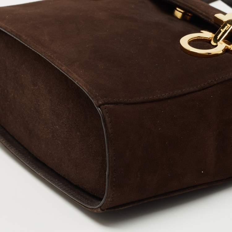 Pre Owned Salvatore Ferragamo Dark Brown Suede Gancini Satchel