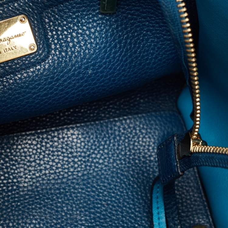 Pre Owned Salvatore Ferragamo Two Tone Blue Leather Small Amy Tote