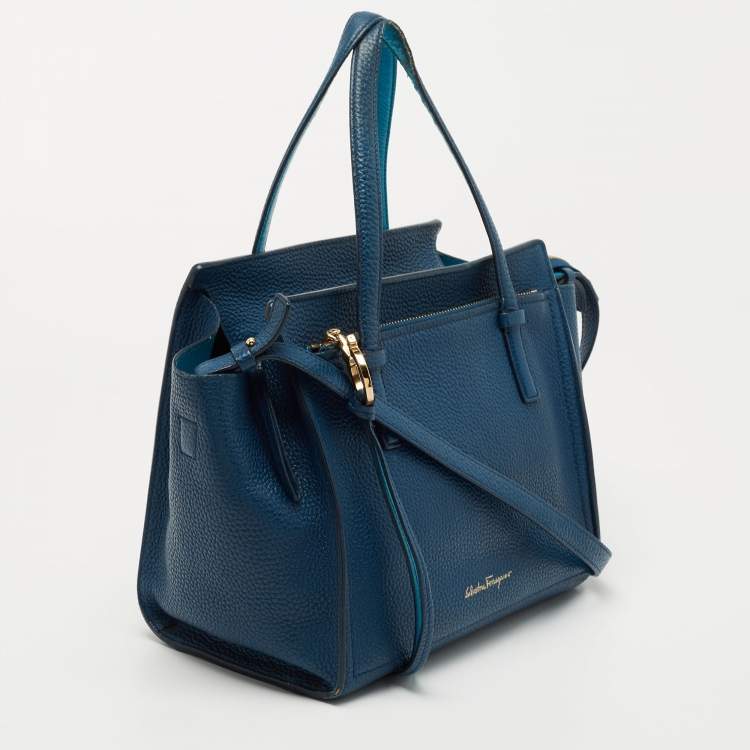 Pre Owned Salvatore Ferragamo Two Tone Blue Leather Small Amy Tote