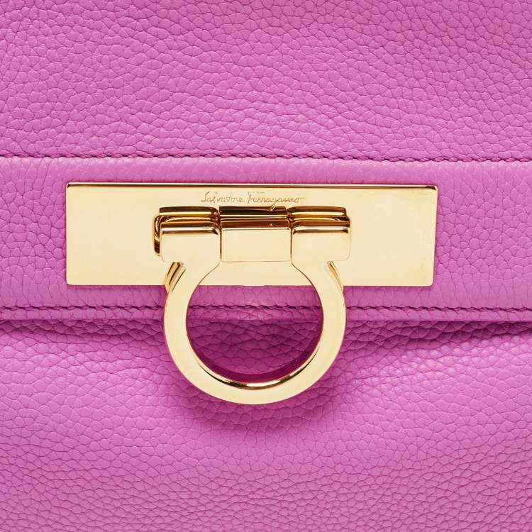 Pre Owned Salvatore Ferragamo Pink Leather Gancini Flap Oversize Clutch