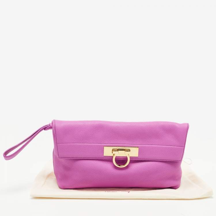 Pre Owned Salvatore Ferragamo Pink Leather Gancini Flap Oversize Clutch