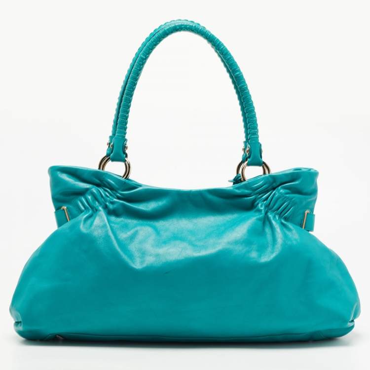 Pre Owned Salvatore Ferragamo Green Leather Pleated Tote