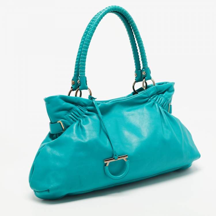 Pre Owned Salvatore Ferragamo Green Leather Pleated Tote