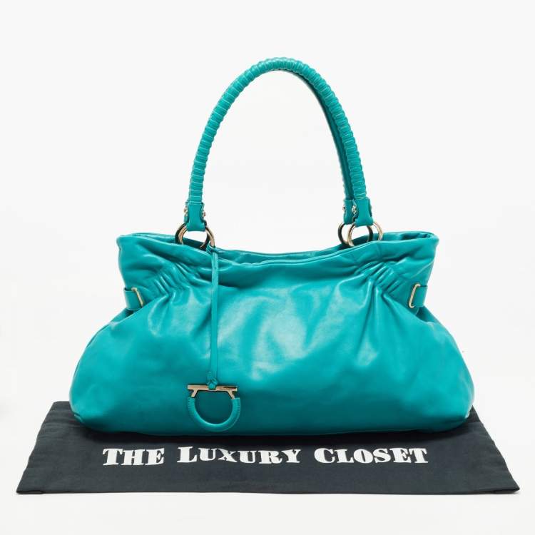 Pre Owned Salvatore Ferragamo Green Leather Pleated Tote