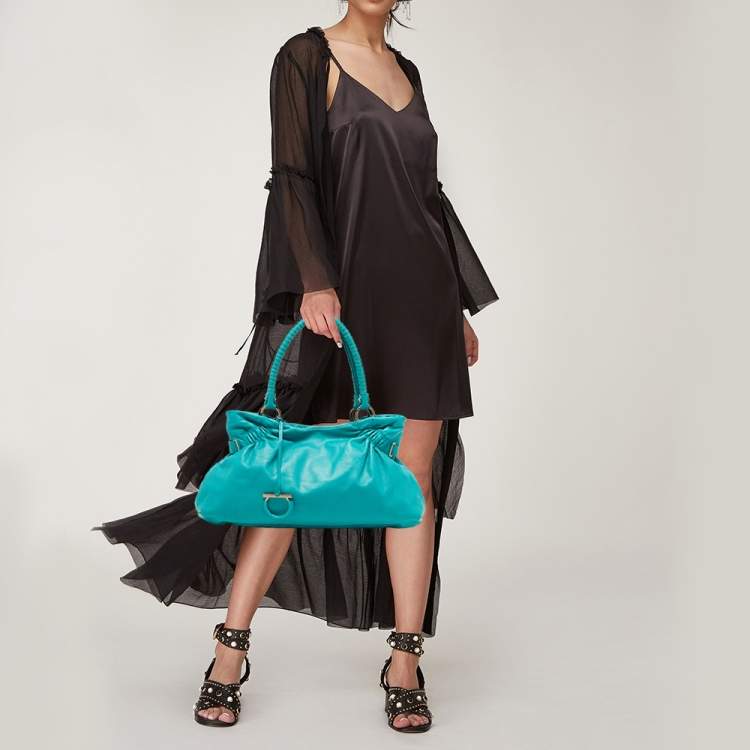 Pre Owned Salvatore Ferragamo Green Leather Pleated Tote