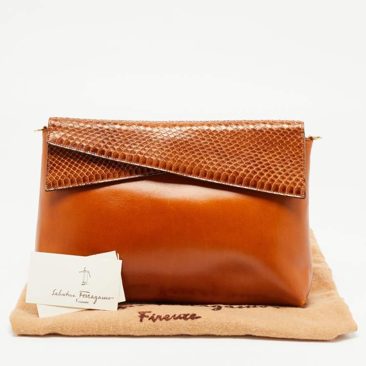 Pre Owned Salvatore Ferragamo Brown Python and Leather Flap Clutch Bag