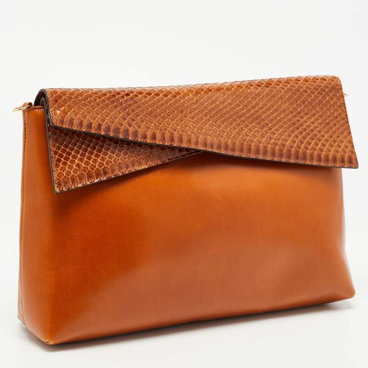 Pre Owned Salvatore Ferragamo Brown Python and Leather Flap Clutch Bag