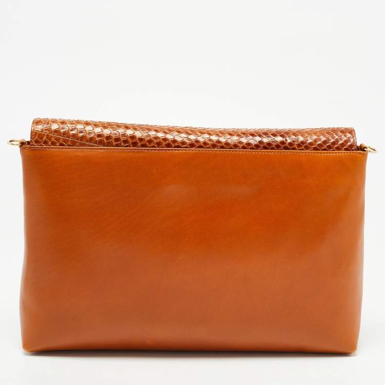 Pre Owned Salvatore Ferragamo Brown Python and Leather Flap Clutch Bag