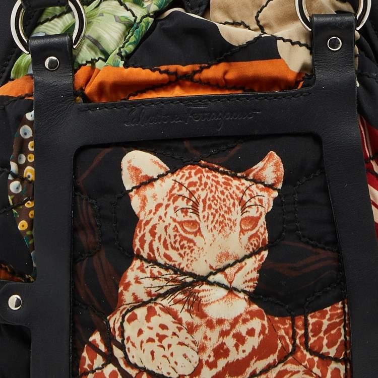 Pre Owned Salvatore Ferragamo Multicolor Canvas and Leather Animal Print Satchel