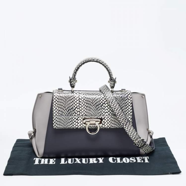 Pre Owned Salvatore Ferragamo Leather and Watersnake Leather Sofia Top Handle Bag