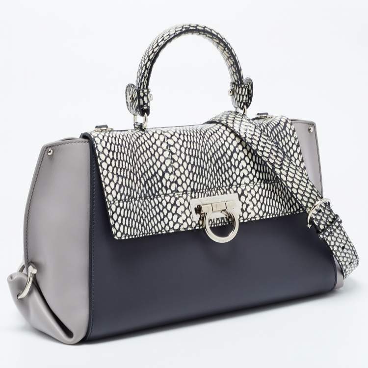 Pre Owned Salvatore Ferragamo Leather and Watersnake Leather Sofia Top Handle Bag