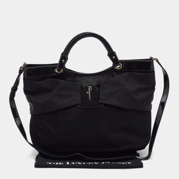 Pre Owned Salvatore Ferragamo Black Nylon Vara Bow Tote 