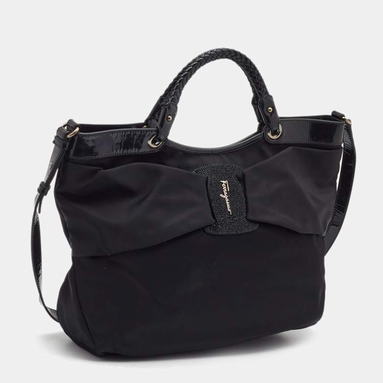 Pre Owned Salvatore Ferragamo Black Nylon Vara Bow Tote 