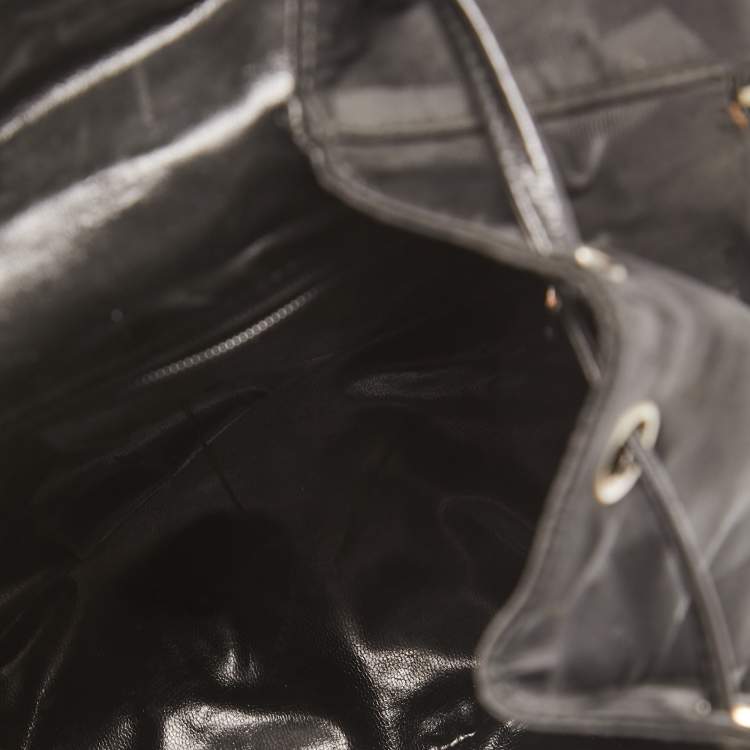 Pre Owned Salvatore Ferragamo Black Printed Nylon and Glossy Leather Buckle Flap Backpack