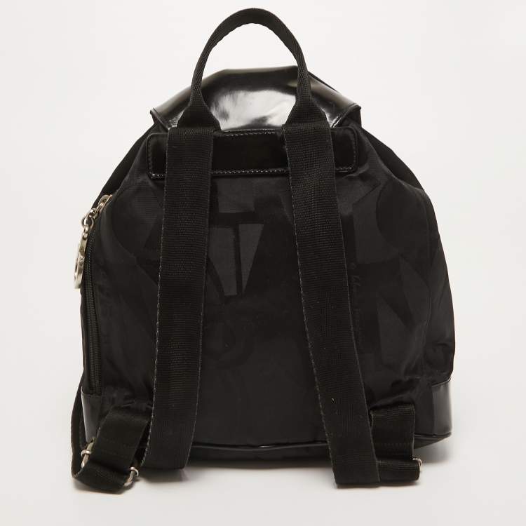 Pre Owned Salvatore Ferragamo Black Printed Nylon and Glossy Leather Buckle Flap Backpack